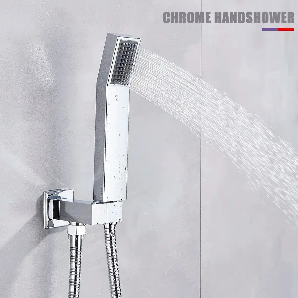 Chrome handheld rainfall shower head with wall mount and braided hose on Tampa Home & Garden Store