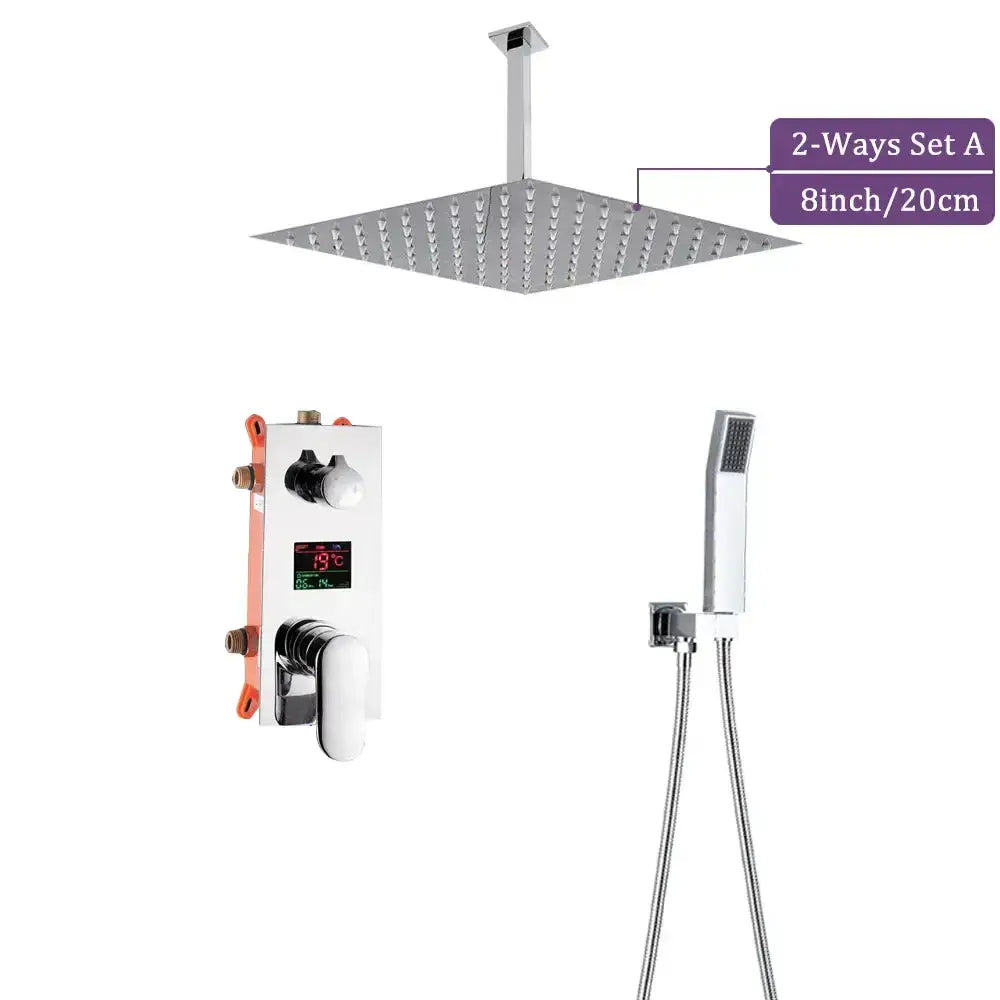 3-piece modern chrome rainfall shower faucet set with digital display, 8in rain head and handheld shower by Decorbites on Tampa Home & Garden Store