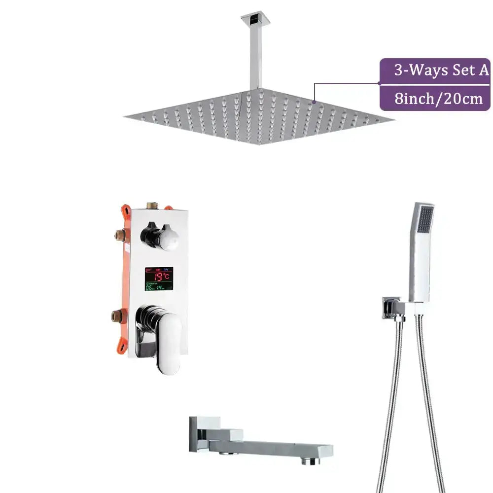 Decorbites chrome rainfall shower faucet set with digital display and wall valve and tub spout on Tampa Home & Garden Store