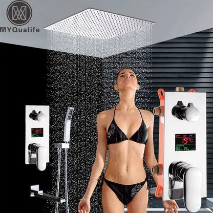 Modern chrome rainfall shower faucet by Decorbites with digital display and hand shower on Tampa Home & Garden Store