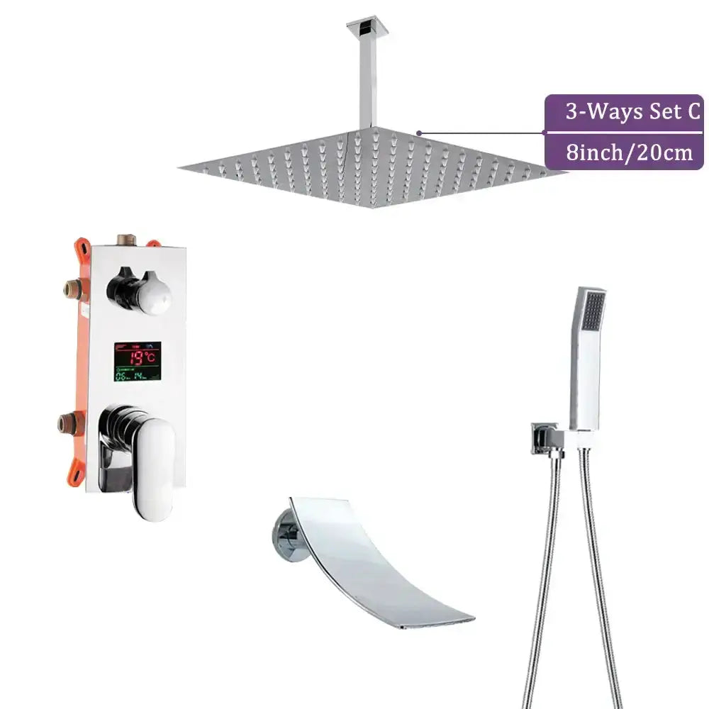 Modern chrome rainfall shower with digital display, 8in head and handheld shower Decorbites on Tampa Home & Garden Store