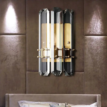Crystal Chrome Wall Sconce by Decorbites featuring crystal prism panels and brass accents on Tampa Home & Garden Store