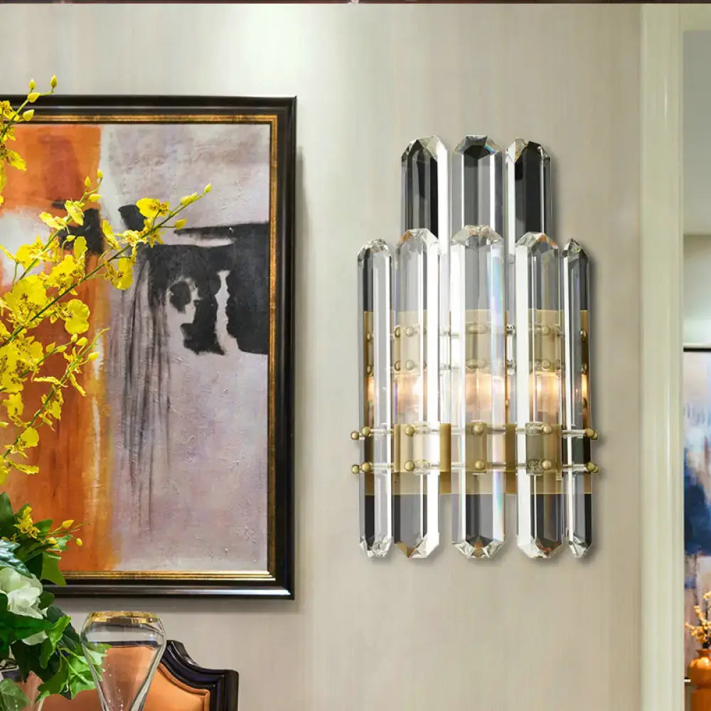 Crystal Chrome Wall Sconce by Decorbites with tall clear crystal prisms and brass accents on Tampa Home & Garden Store