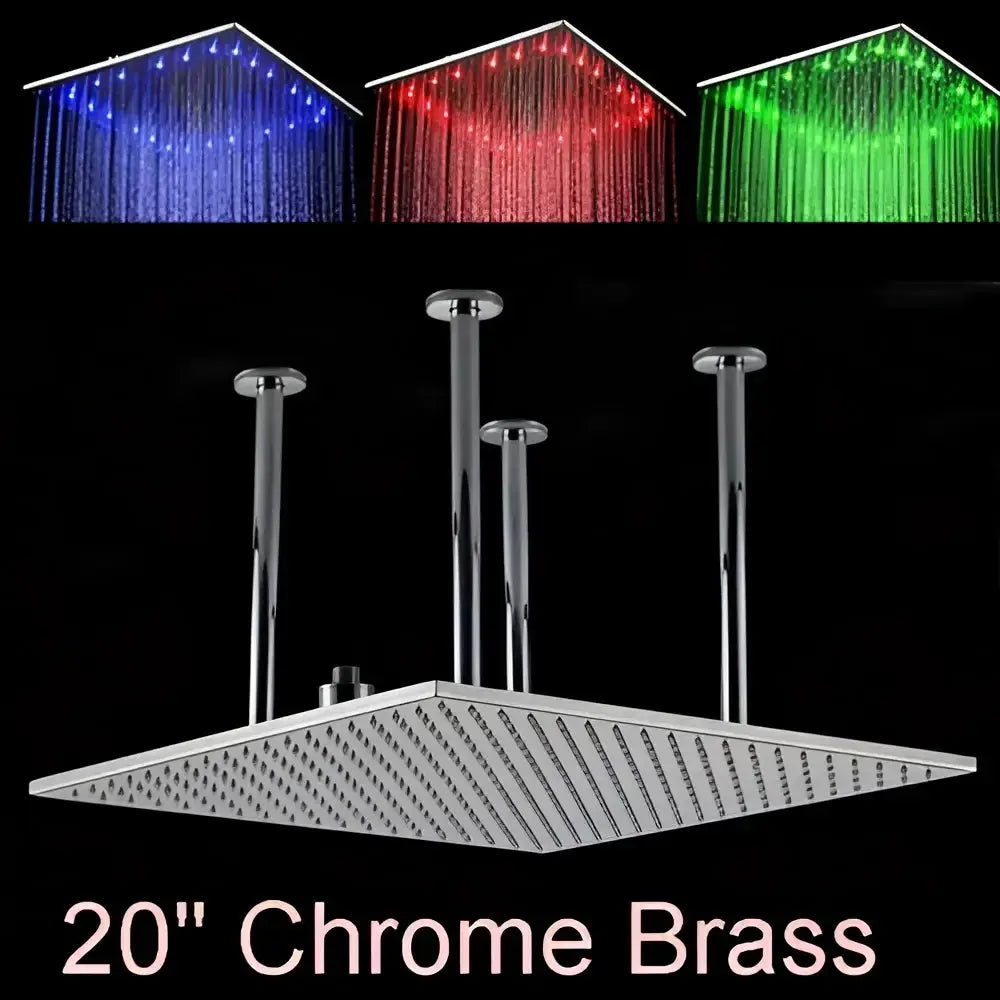 Decorbites 20in chrome & brushed nickel LED rainfall shower head with ceiling risers on Tampa Home & Garden Store
