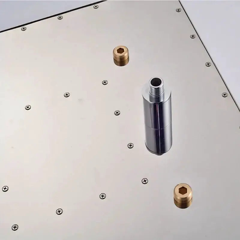 Shower head mounting hardware in chrome and brushed nickel with brass adapters on panel on Tampa Home & Garden Store