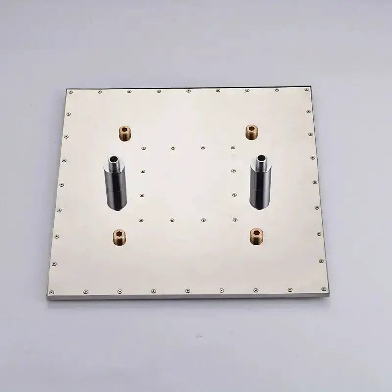 Square shower head mounting panel in brushed nickel with chrome dual outlets and copper fittings on Tampa Home & Garden Store