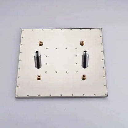 Square shower head mounting panel in brushed nickel with chrome dual outlets and copper fittings on Tampa Home & Garden Store