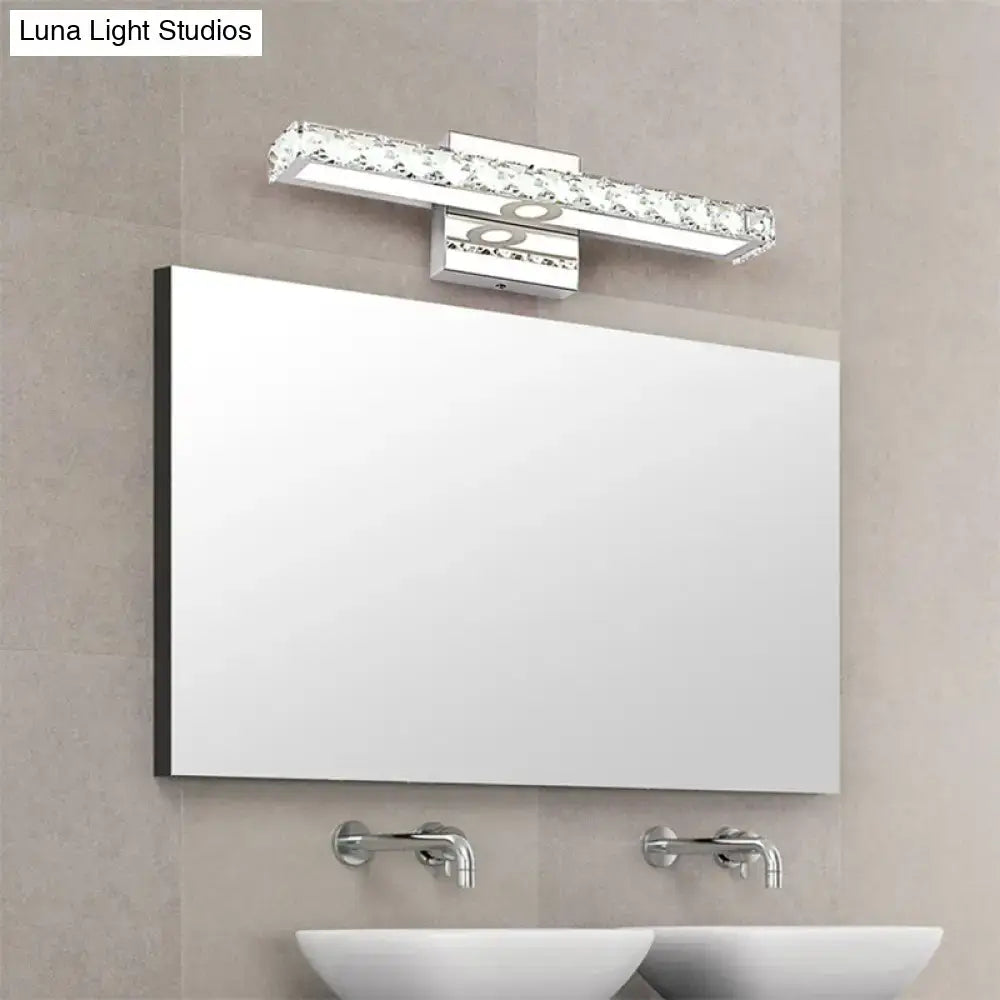 Chrome Crystal LED Bathroom Light fixture with crystal accents above mirror in a modern bathroom on Tampa Home & Garden Store