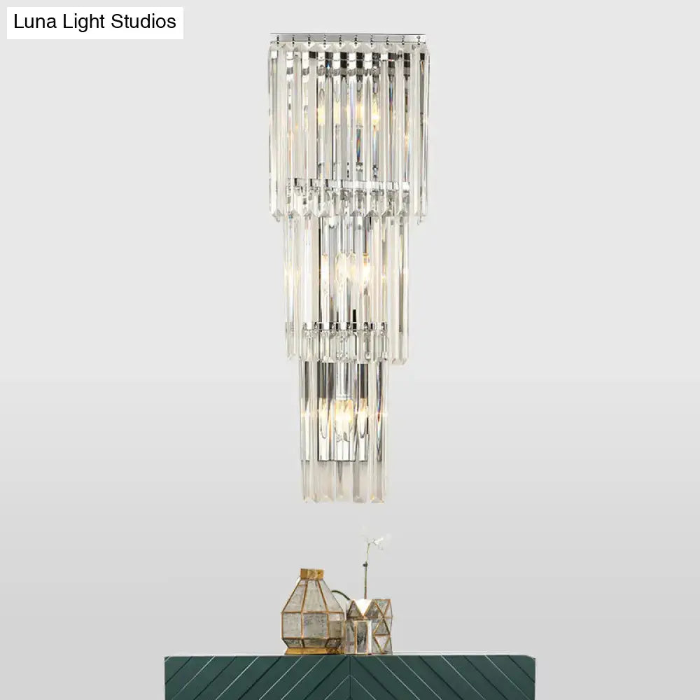 Chrome clear glass wall sconce with cascading crystal prisms by Decorbites on Tampa Home & Garden Store