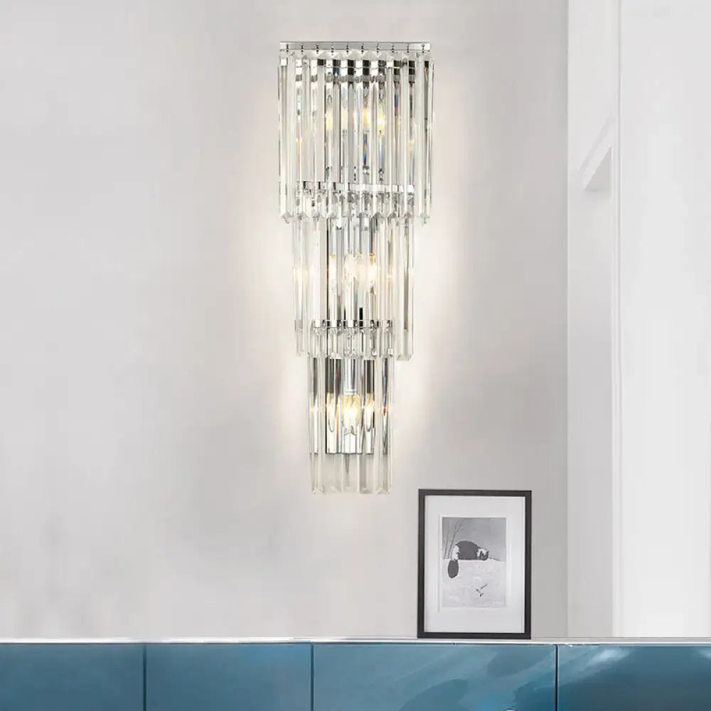Chrome clear glass wall sconce with cascading prisms by Decorbites, modern crystal lighting on Tampa Home & Garden Store