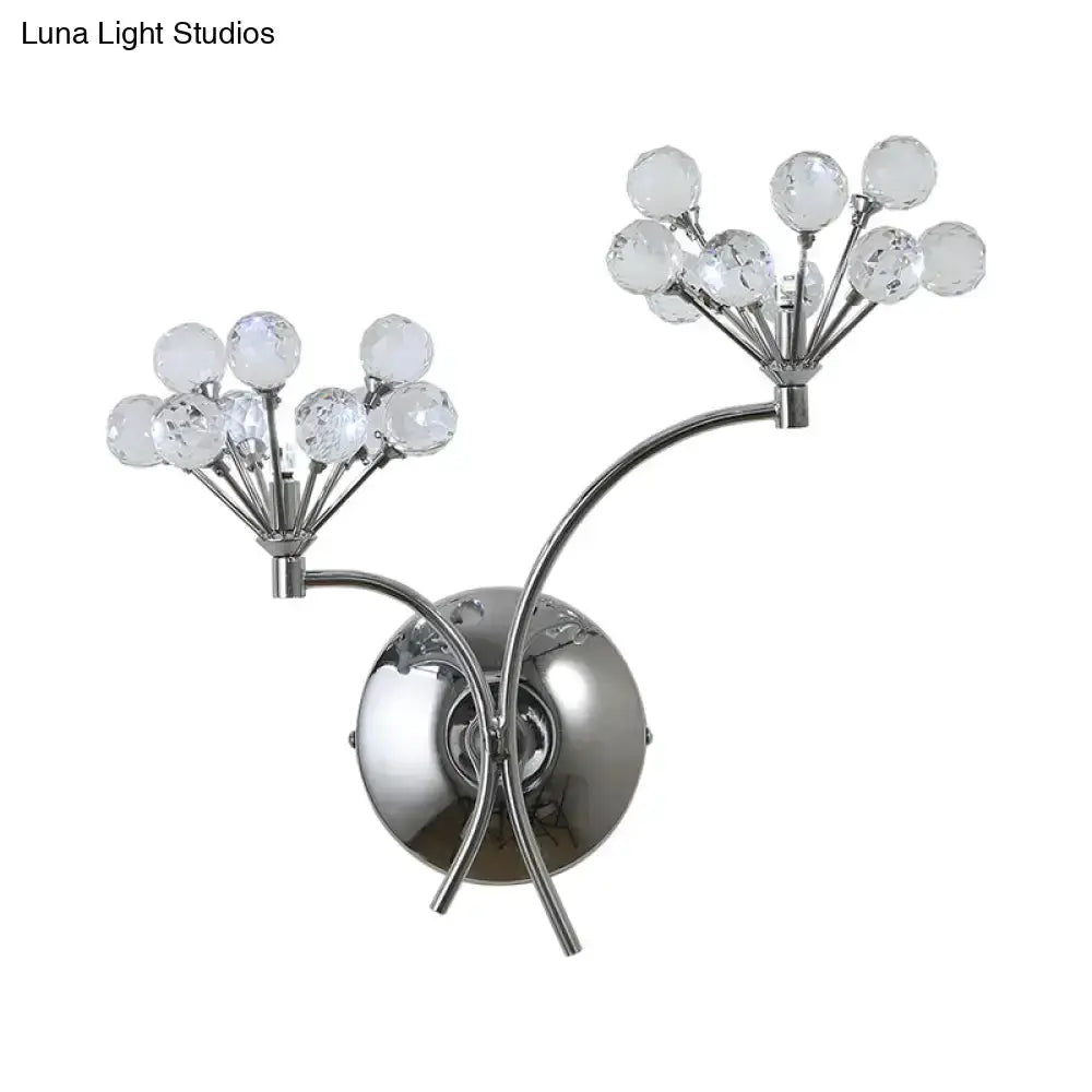 Modern chrome crystal orb wall sconce with dual curved arms and crystal spheres on Tampa Home & Garden Store