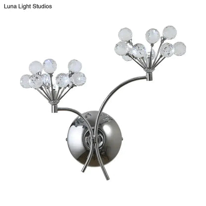 Modern chrome crystal orb wall sconce with dual curved arms and crystal spheres on Tampa Home & Garden Store