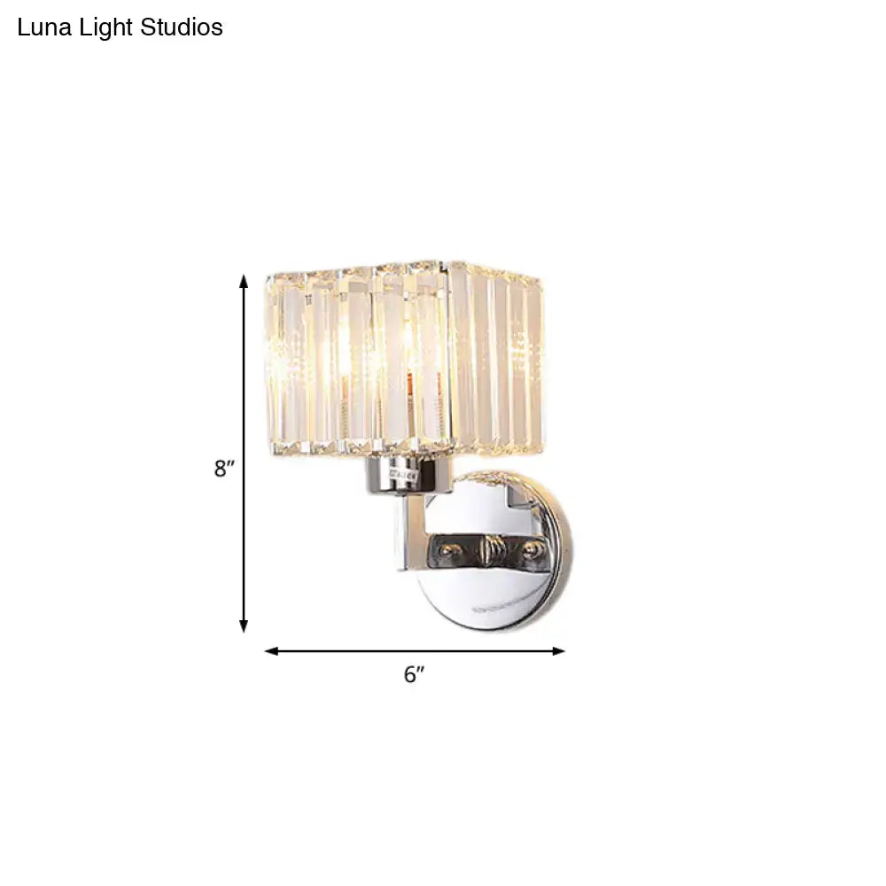 Chrome crystal wall sconce by Decorbites with a cylindrical crystal shade 8in tall 6in wide on Tampa Home & Garden Store