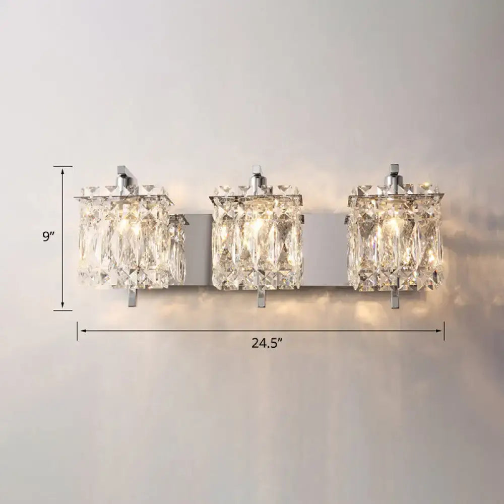 Chrome crystal three-light sconce light by Decorbites, wall mounted with hanging prisms on Tampa Home & Garden Store