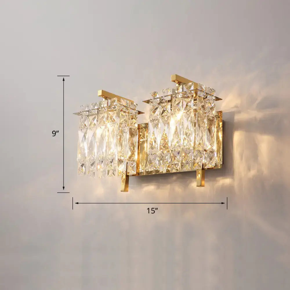 Decorbites Crystal Sconce Light with gold-tone frame and prisms, two-light 15in wide on Tampa Home & Garden Store