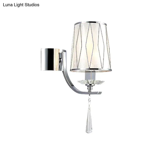 Decorbites chrome crystal wall sconce with fabric drum shade and hanging crystal pendant on Tampa Home & Garden Store