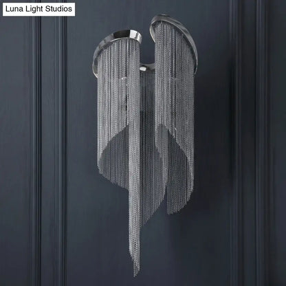 Chrome minimalist wall lamp with cascading chain fringe, Decorbites wall sconce on Tampa Home & Garden Store