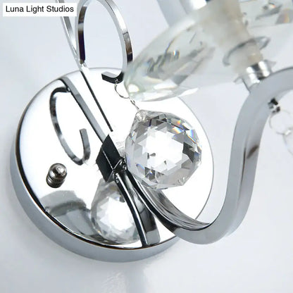 Chrome Crystal Cylinder Sconce with round chrome backplate and hanging prisms by Decorbites on Tampa Home & Garden Store