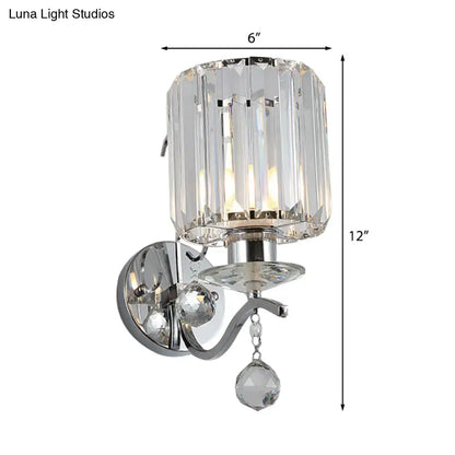 Chrome Crystal Cylinder Sconce with faceted shade, wall-mounted curved arm Decorbites on Tampa Home & Garden Store