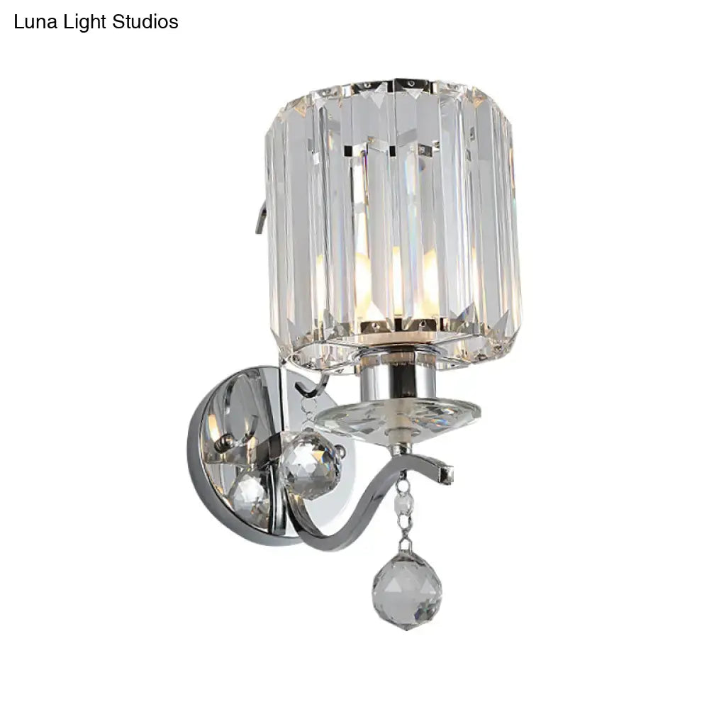 Chrome Crystal Cylinder Sconce by Decorbites, chrome finish with crystal shade and hanging drop on Tampa Home & Garden Store