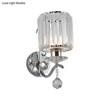 Chrome Crystal Cylinder Sconce by Decorbites, chrome finish with crystal shade and hanging drop on Tampa Home & Garden Store