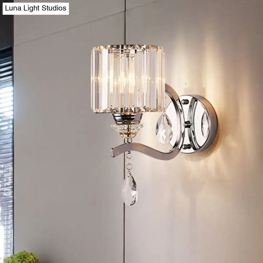 Chrome crystal block wall sconce by Decorbites with curved arm and hanging prism drop on Tampa Home & Garden Store