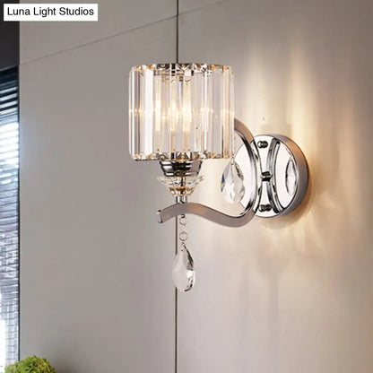 Chrome crystal block wall sconce by Decorbites with curved arm and hanging prism drop on Tampa Home & Garden Store