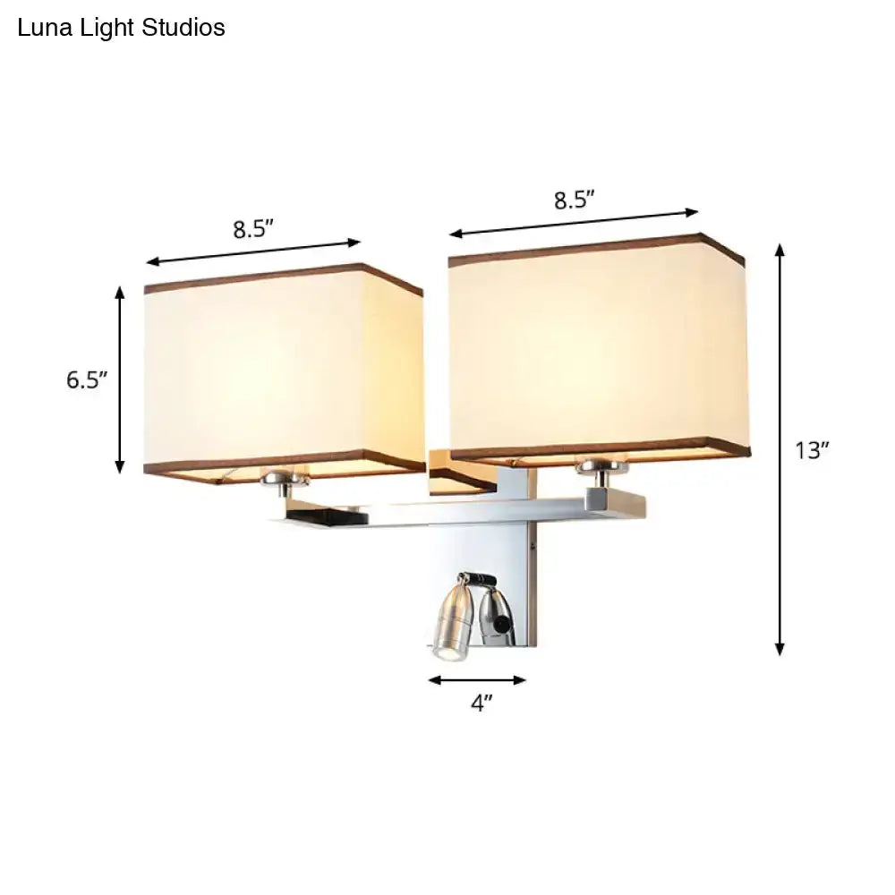 Decorbites chrome fabric LED wall sconce with twin cream shades and brown trim on Tampa Home & Garden Store
