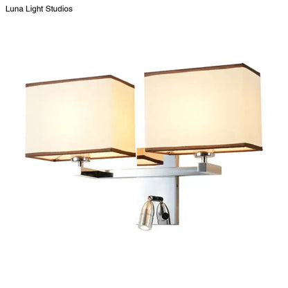 Modern chrome fabric LED wall sconce with two beige square shades on Tampa Home & Garden Store