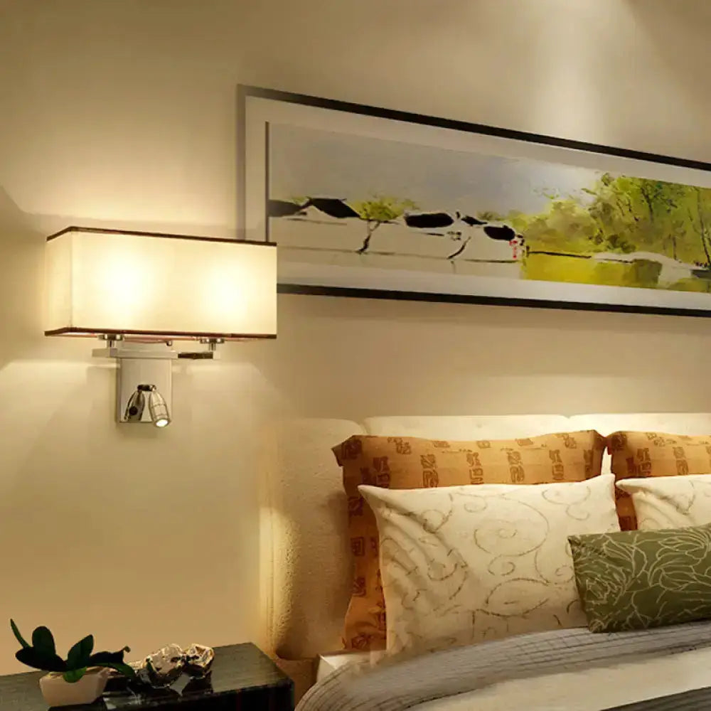 Modern chrome fabric LED wall sconce for bedroom with rectangular fabric shade on Tampa Home & Garden Store