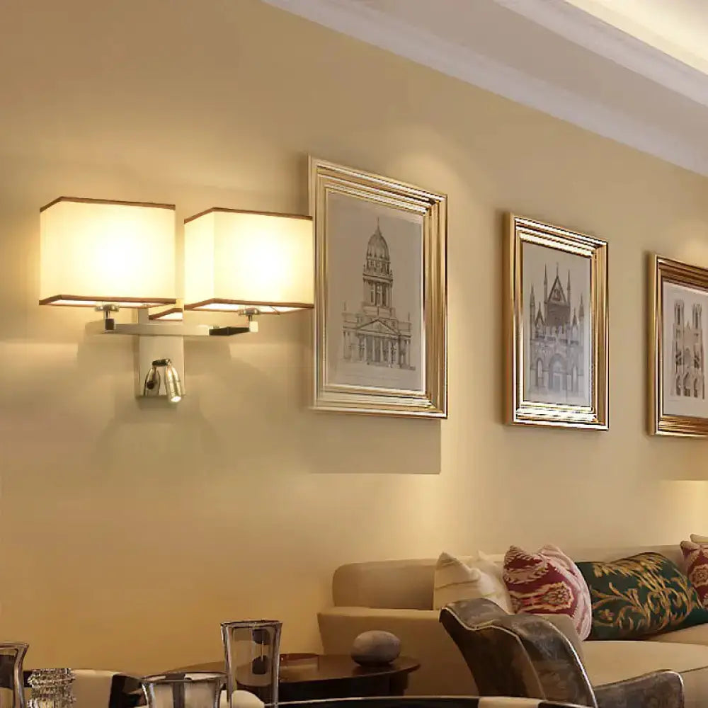 Modern chrome fabric LED wall sconce with two white shade lamps Decorbites bedroom lighting on Tampa Home & Garden Store