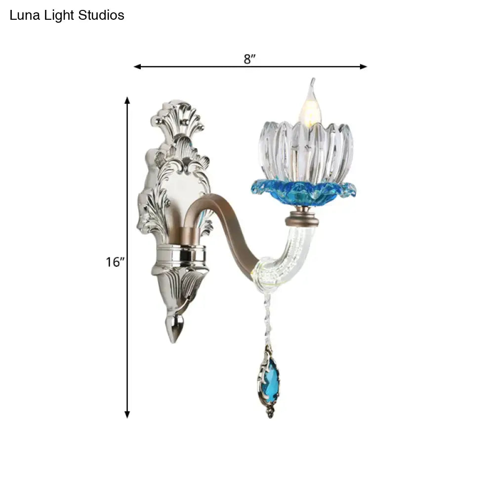 Chrome Glass Wall Light sconce by Decorbites with ornate backplate and blue crystal pendant on Tampa Home & Garden Store