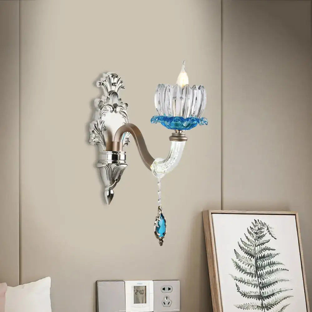 Chrome Glass Wall Light sconce by Decorbites; silver wall mount with crystal flower shade on Tampa Home & Garden Store