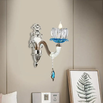 Chrome Glass Wall Light sconce by Decorbites; silver wall mount with crystal flower shade on Tampa Home & Garden Store