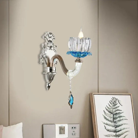 Chrome Glass Wall Light sconce by Decorbites; silver wall mount with crystal flower shade on Tampa Home & Garden Store