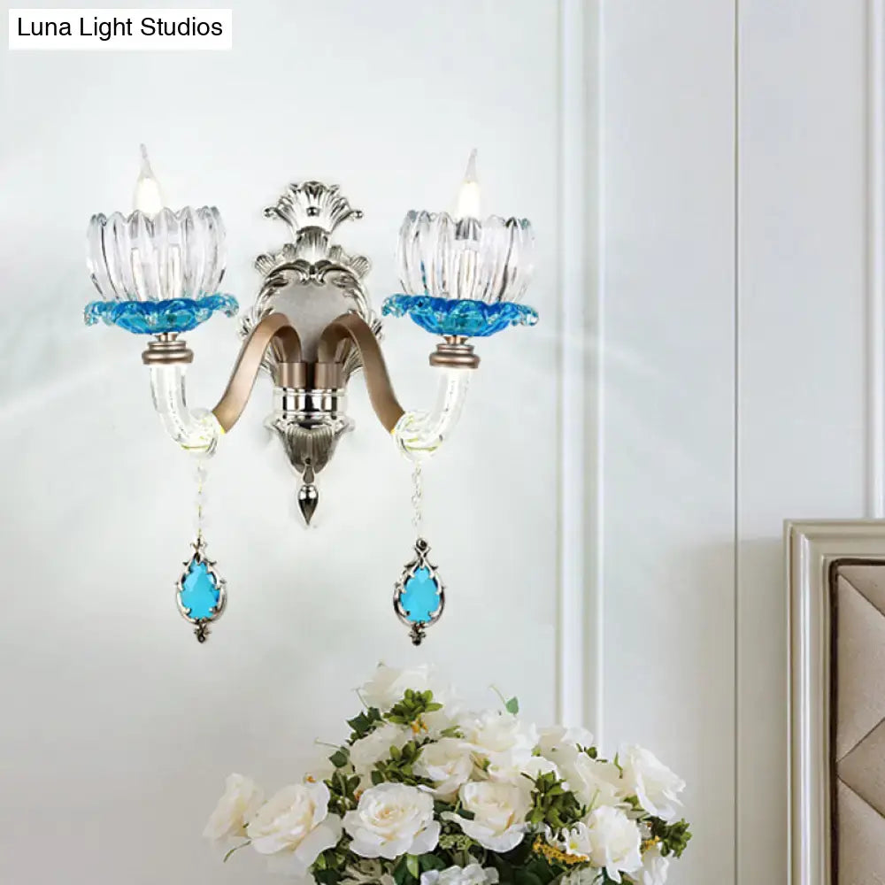 Chrome glass wall light by Decorbites, 2-arm sconce with blue glass cups and crystal drops on Tampa Home & Garden Store