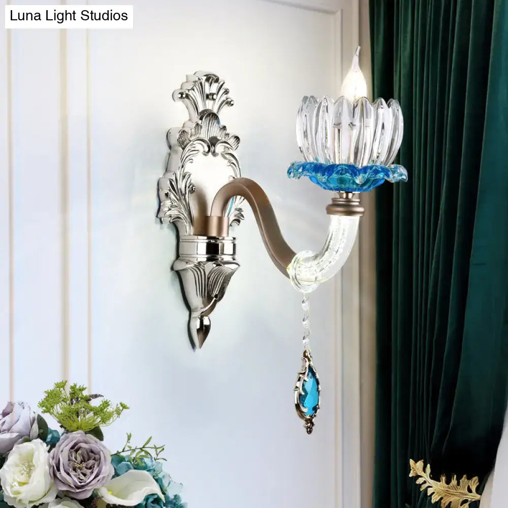 Chrome Glass Wall Light sconce with ornate backplate, crystal arm Decorbites on Tampa Home & Garden Store