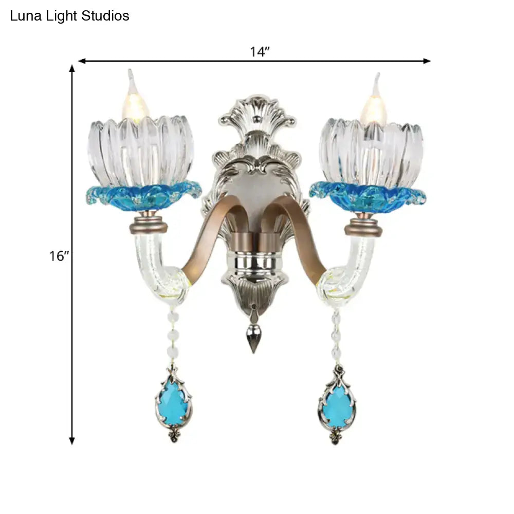 Chrome Glass Wall Light by Decorbites, dual-arm crystal sconce with blue glass accents on Tampa Home & Garden Store