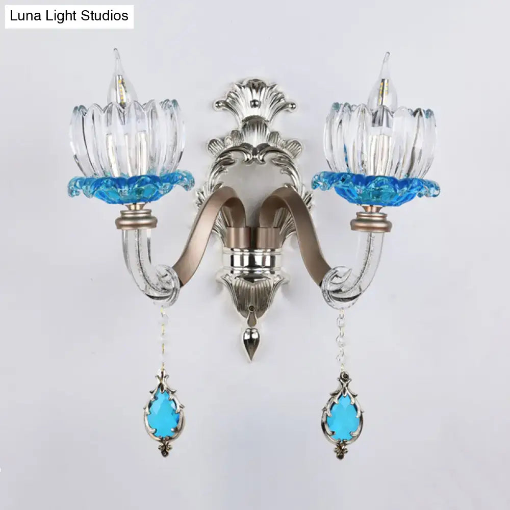 Chrome Glass Wall Light by Decorbites with dual glass candle shades and blue crystal drops on Tampa Home & Garden Store