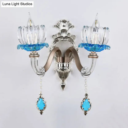 Chrome Glass Wall Light by Decorbites with dual glass candle shades and blue crystal drops on Tampa Home & Garden Store