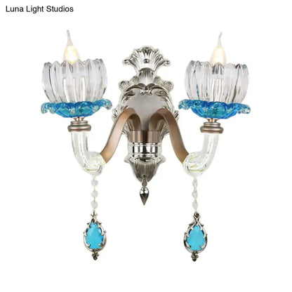Chrome Glass Wall Light sconce by Decorbites with crystal cups and turquoise pendants on Tampa Home & Garden Store