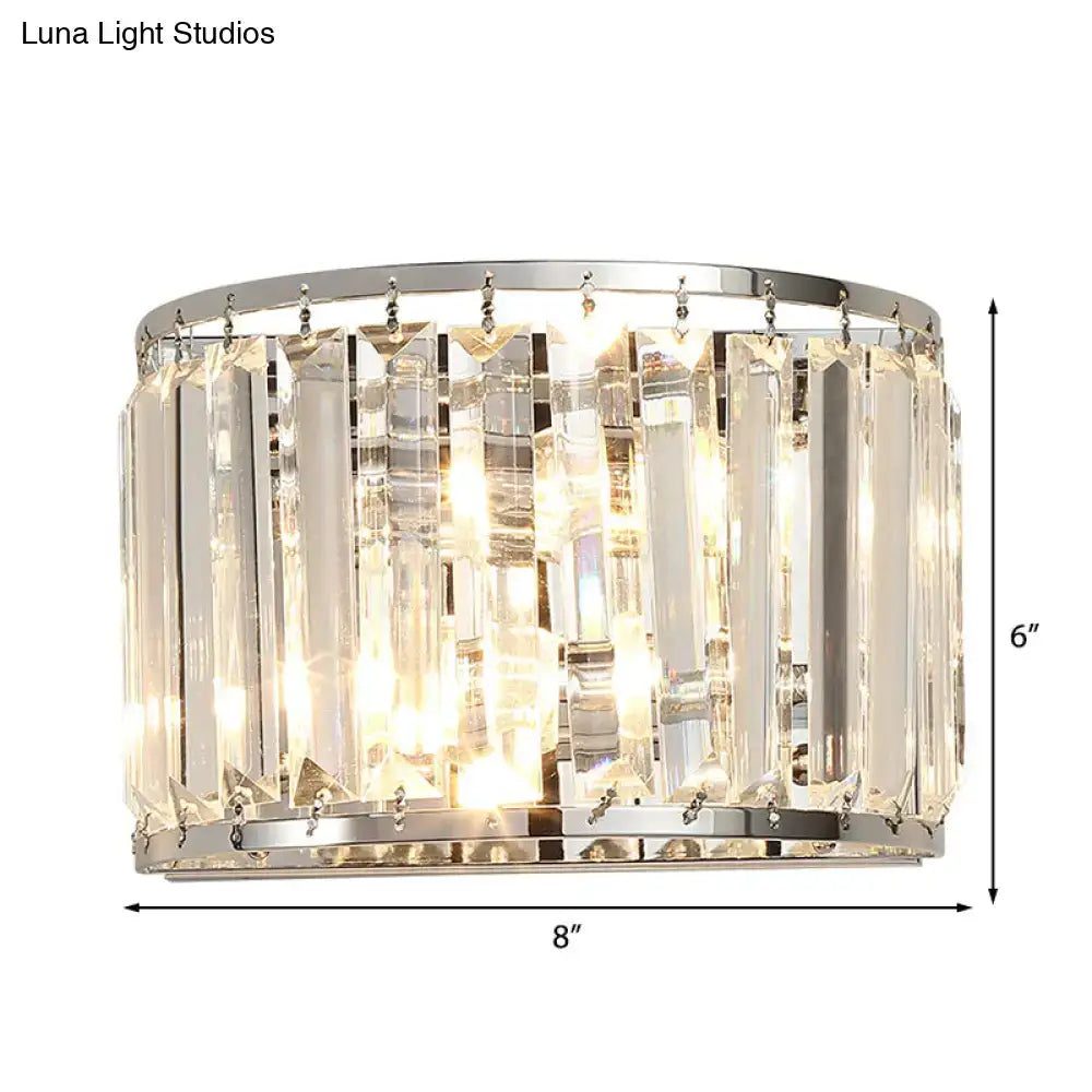 Chrome crystal wall lamp with hanging prisms in circular frame, E12-E14 socket, 6in tall 8in wide on Tampa Home & Garden Store