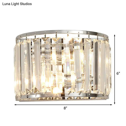 Chrome crystal wall lamp with hanging prisms in circular frame, E12-E14 socket, 6in tall 8in wide on Tampa Home & Garden Store
