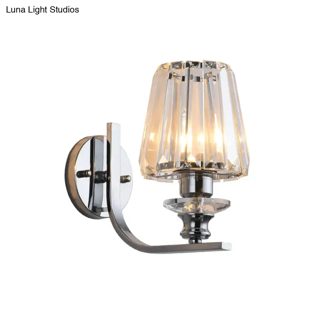 Decorbites chrome crystal living room wall sconce with curved chrome arm and crystal shade on Tampa Home & Garden Store
