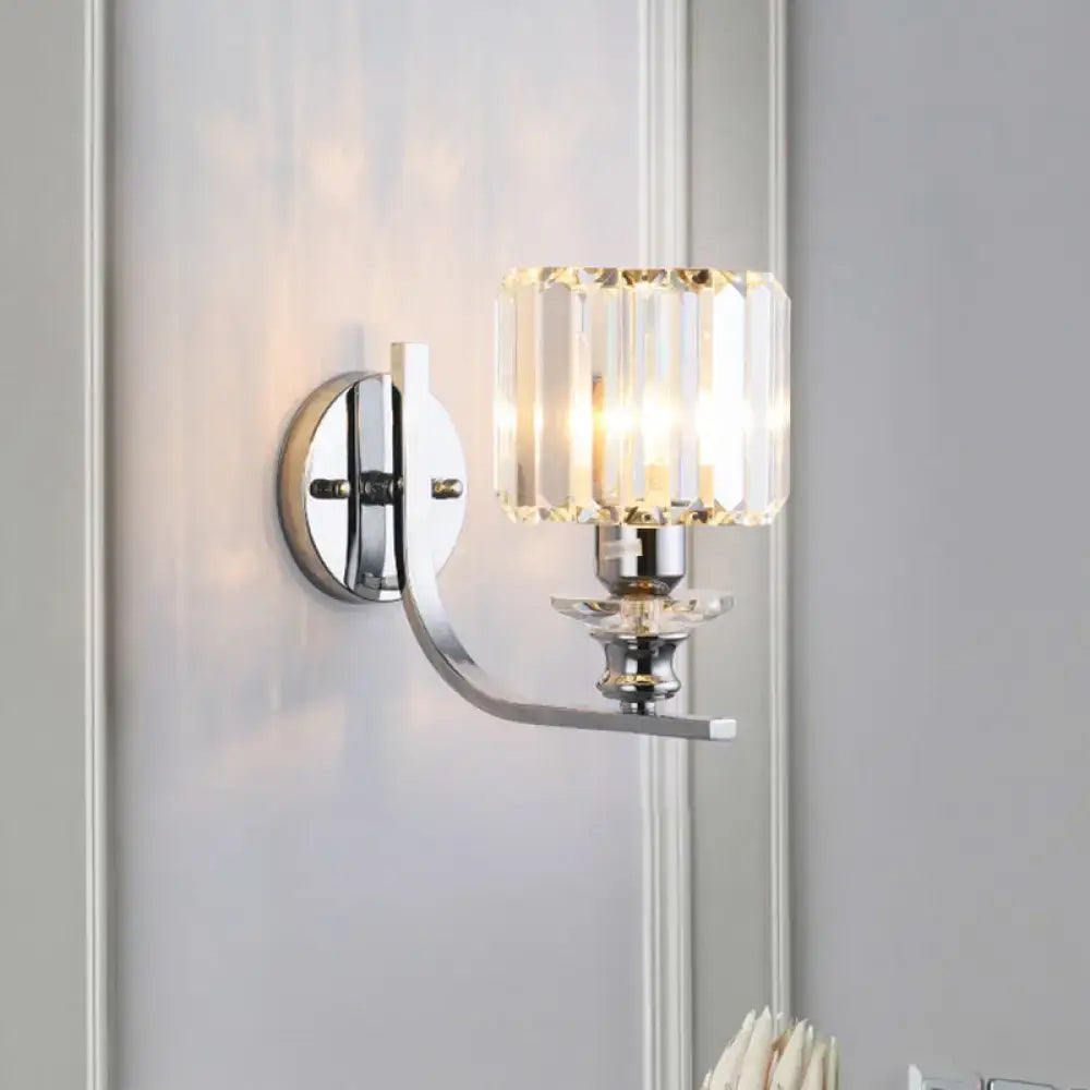 Chrome Crystal Living Room Wall Sconce with curved chrome arm and faceted crystal shade on Tampa Home & Garden Store