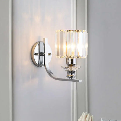 Chrome Crystal Living Room Wall Sconce with curved chrome arm and faceted crystal shade on Tampa Home & Garden Store