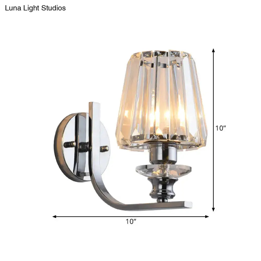 Chrome crystal wall sconce with curved arm and faceted shade, 10 inch tall, 10 inch wide on Tampa Home & Garden Store