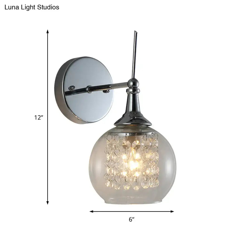 Chrome crystal glass wall sconce with inner strand crystals, compact 12in tall 6in wide on Tampa Home & Garden Store