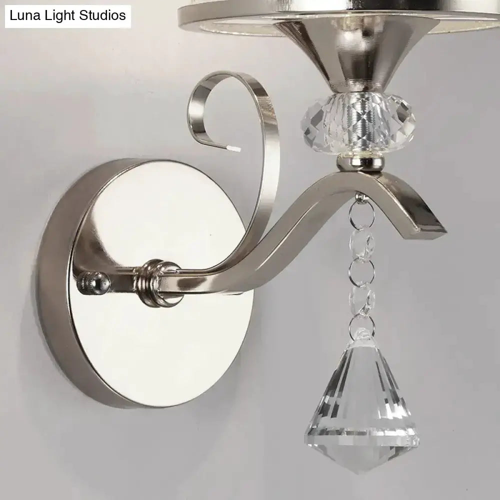 Decorbites modern chrome wall sconce with frosted glass backplate and crystal pendant drop on Tampa Home & Garden Store