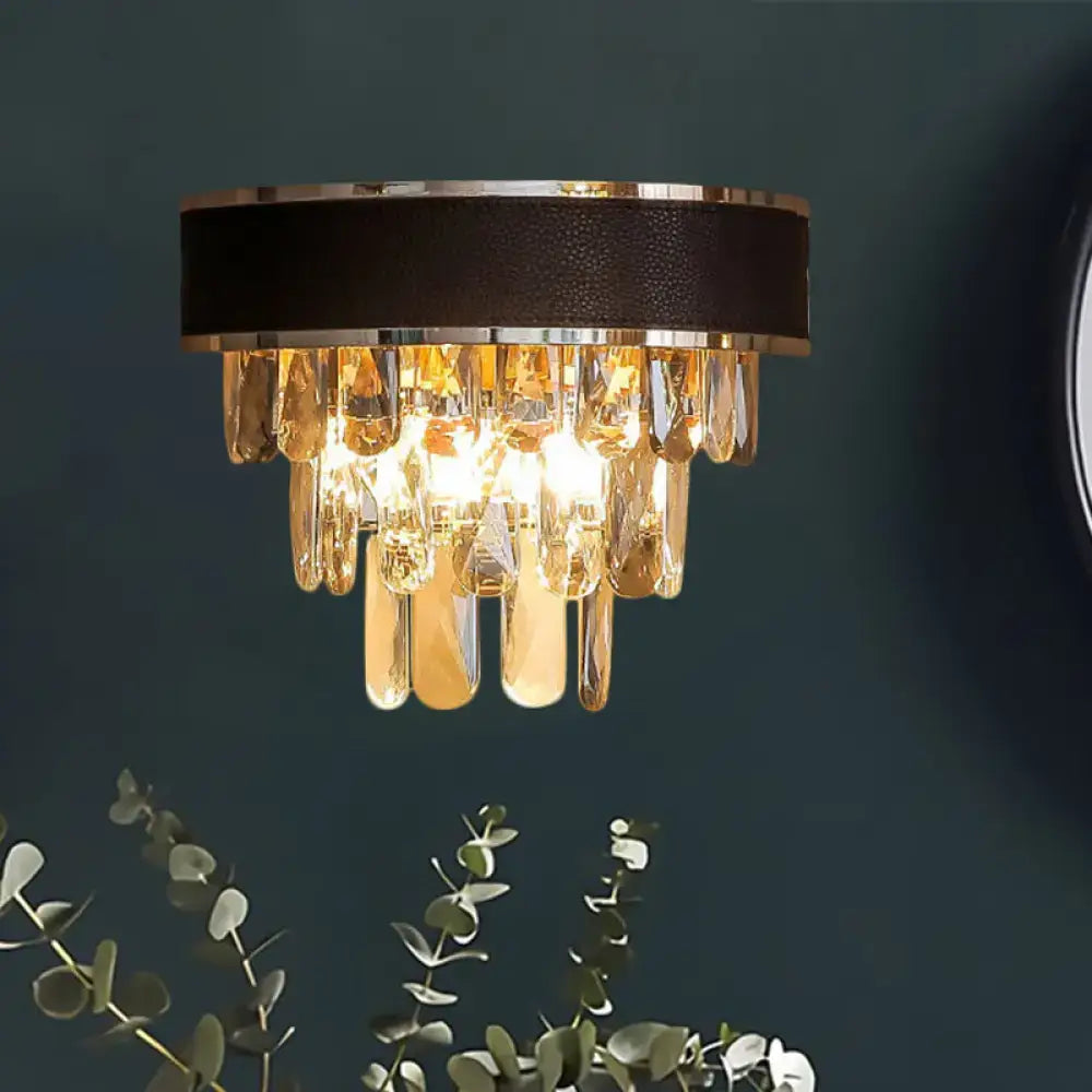 Gold crystal block sconce with dark bronze round plate and hanging prisms on Tampa Home & Garden Store